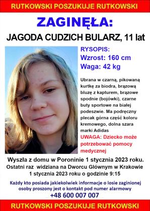 RUTKOWSKI: Zaginęła 11-letnia JAGODA CUDZICH BULARZ! Na prośbę mamy rozpoczynamy poszukiwania i oferujemy nagrodę za miejsce wskazania jej pobytu!